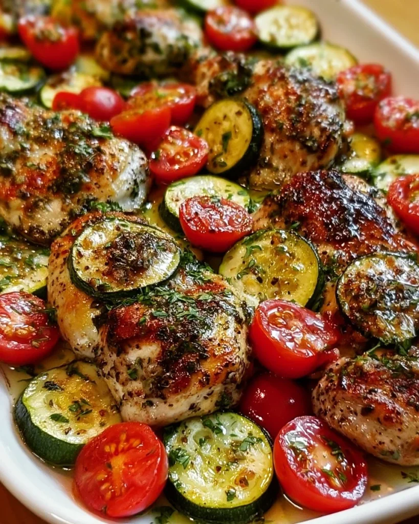 Sheet pan Mediterranean chicken with zucchini and vegetables cooked to perfection.