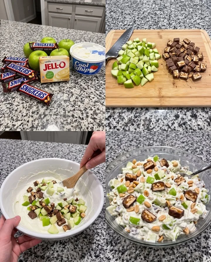 Delicious Snickers Apple Salad with apples, Snickers, and creamy dressing