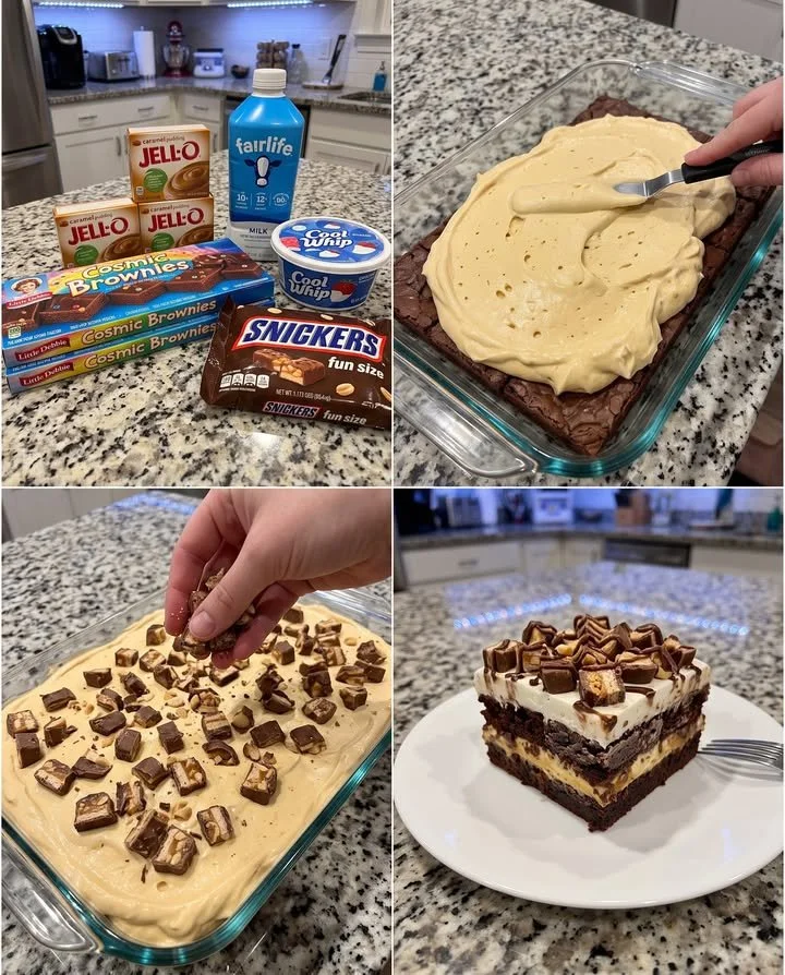 Delicious Snickers Cosmic Brownie Icebox Cake layered with chocolate and brownies.