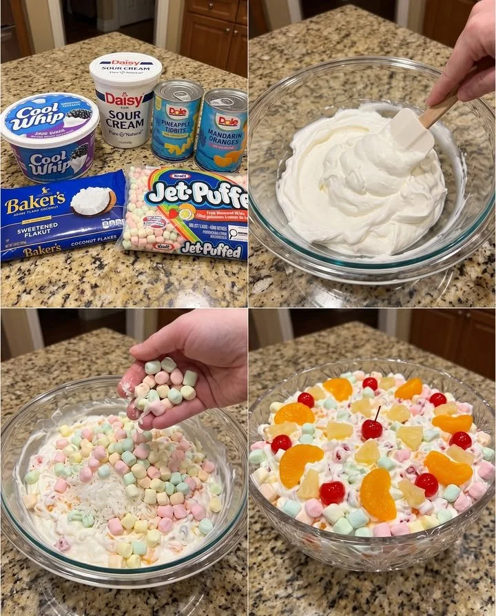 A bowl of Southern Ambrosia Salad with fruits and creamy topping.