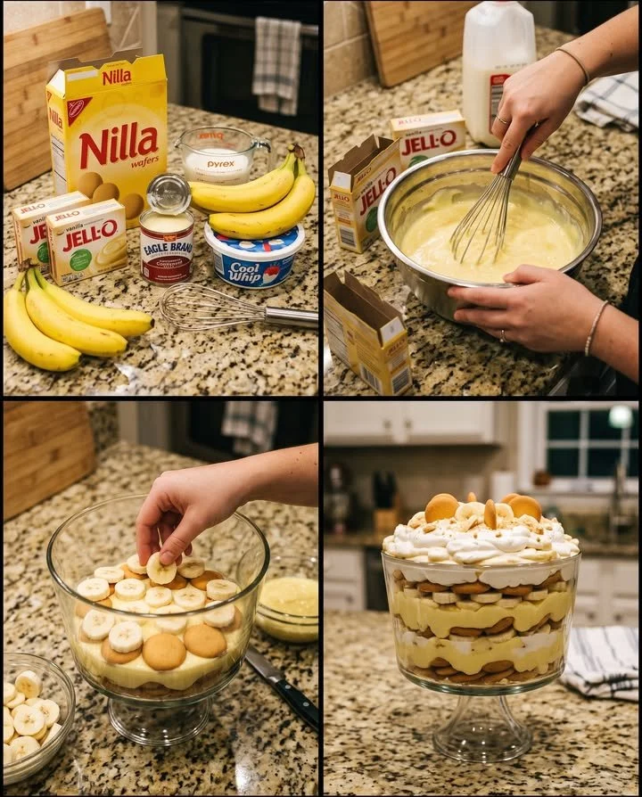 Delicious Southern banana pudding trifle with layers of cream and bananas