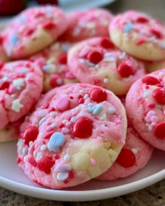 Strawberry cookies made with cake mix, decorated with fresh strawberries.