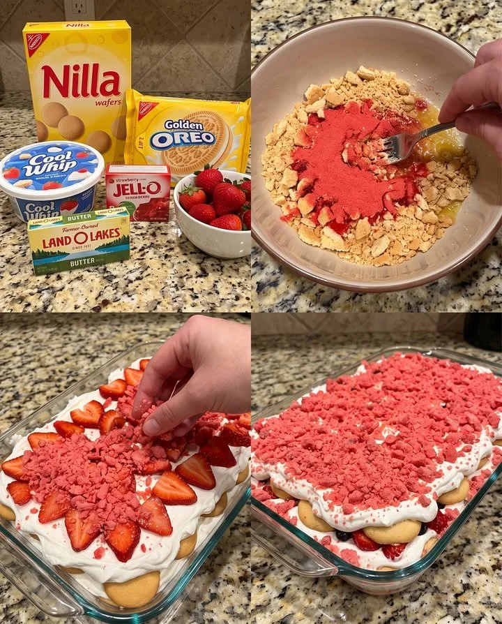 Delicious Strawberry Crunch Icebox Cake layered with strawberries and crunchy topping.