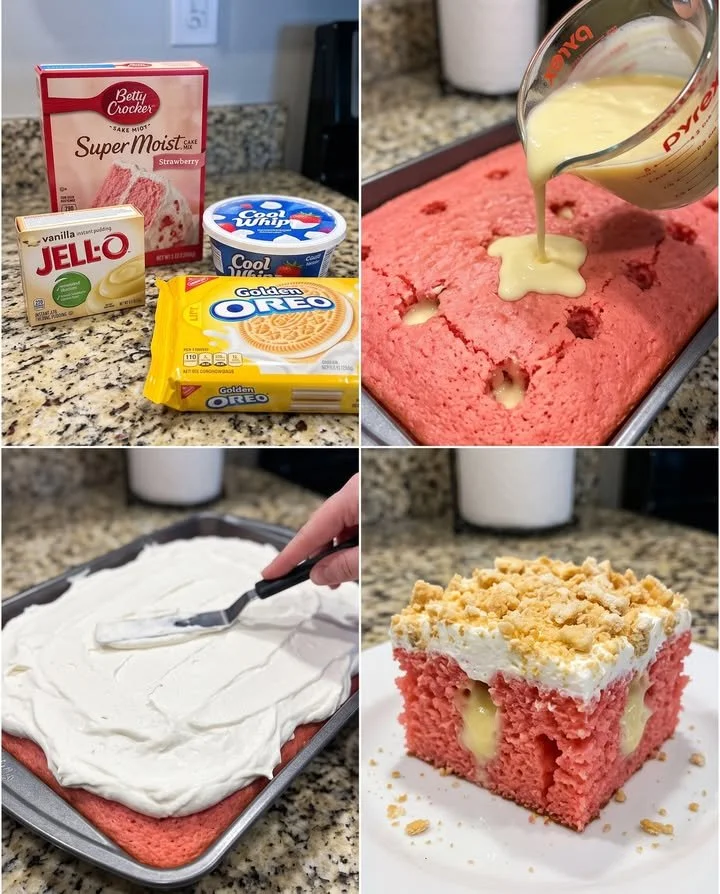 Deliciously moist Strawberry Crunch Poke Cake with a crunchy topping and fresh strawberries.