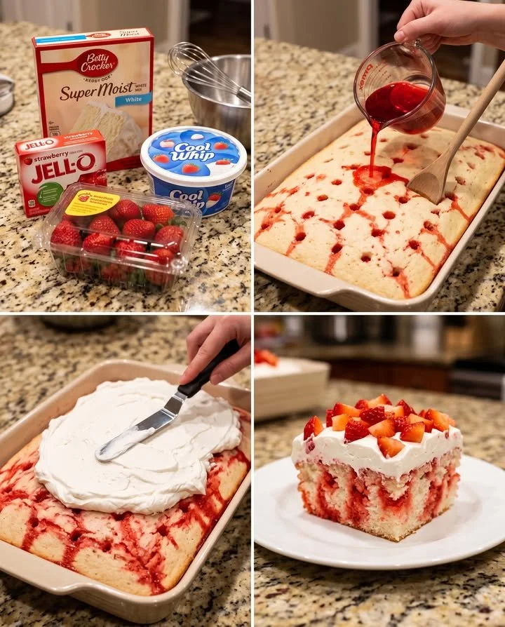 Strawberry Shortcake Poke Cake topped with fresh strawberries and whipped cream