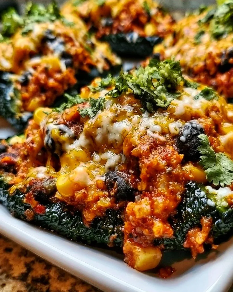 Stuffed poblano peppers with colorful filling ready to be served.