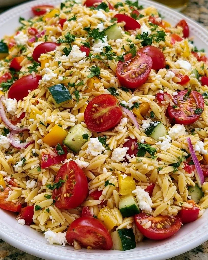 Delicious summer orzo salad with colorful vegetables and herbs