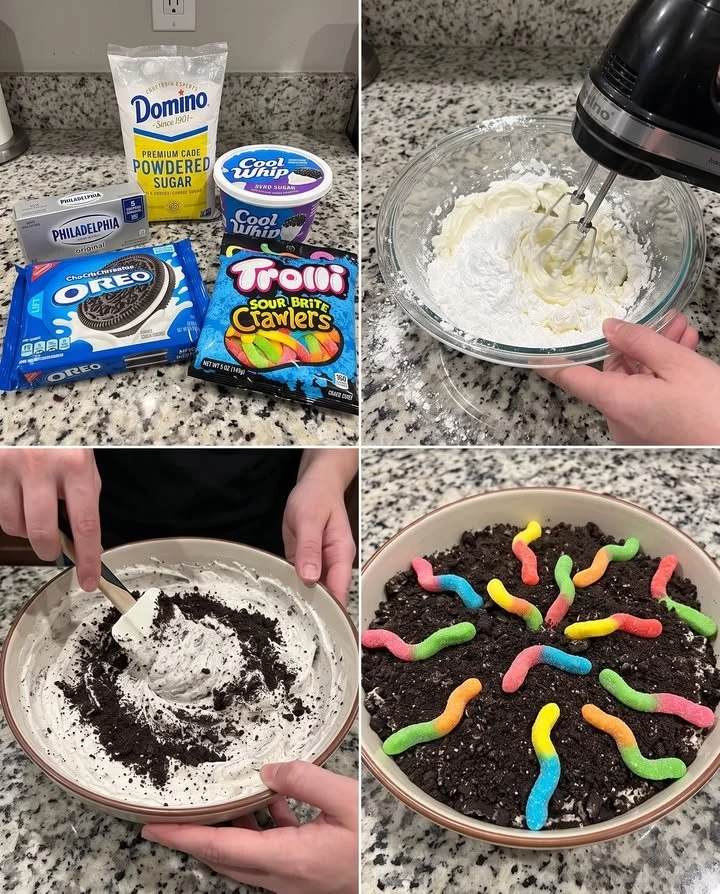 Trolli Gummy Worm Dirt Dip served in a colorful bowl with gummy worms on top
