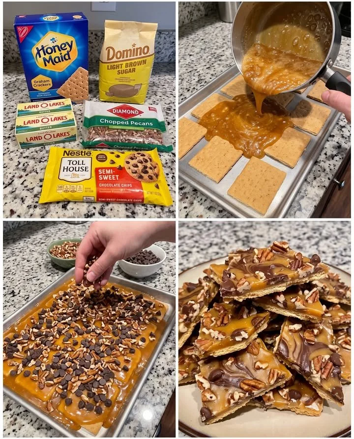 Delicious Turtle Graham Cracker Pralines with caramel, pecans, and chocolate