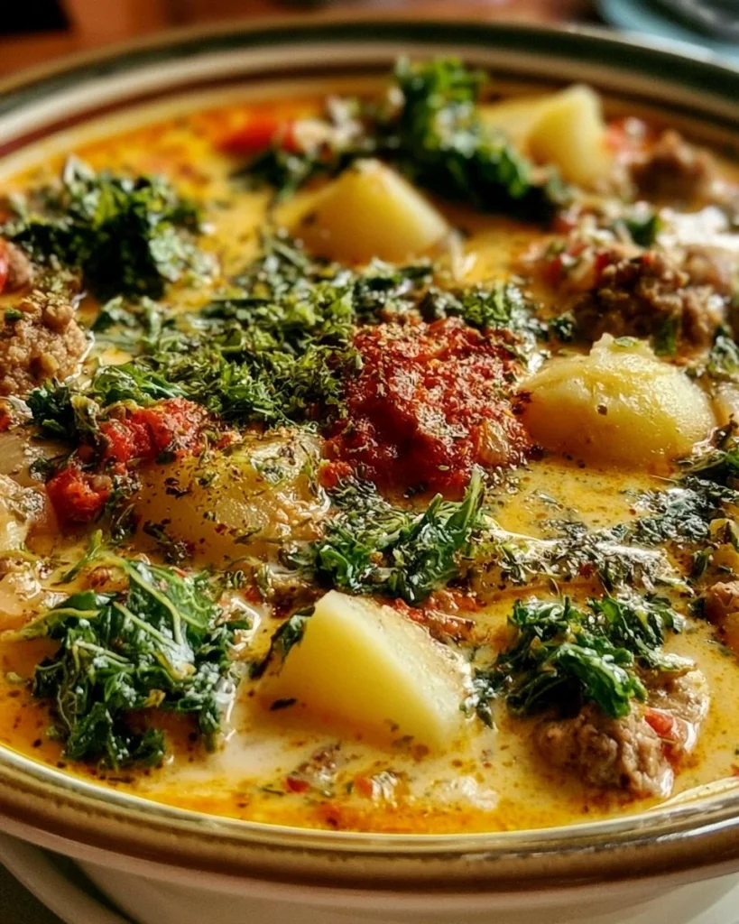 Bowl of delicious Tuscan Soup filled with vegetables and herbs.