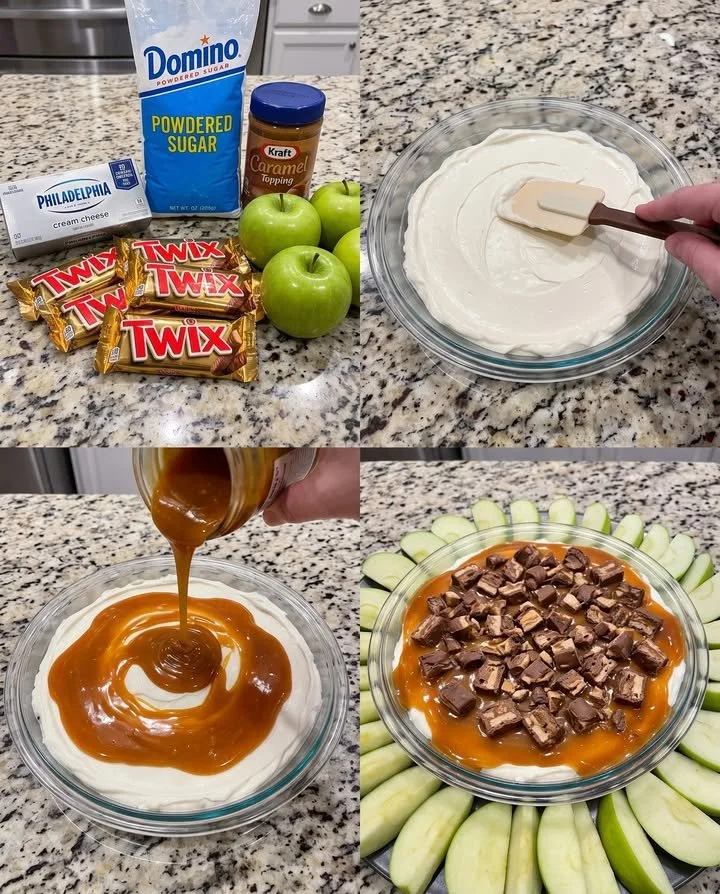 Delicious Twix caramel apple dip served with sliced apples