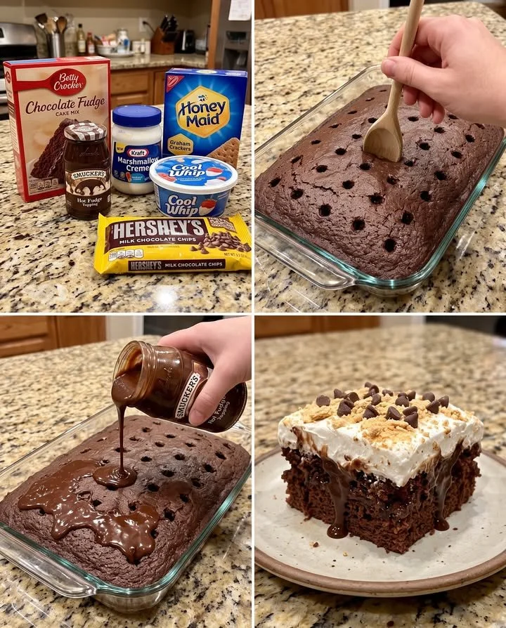Delicious S'mores Poke Cake topped with marshmallow and chocolate