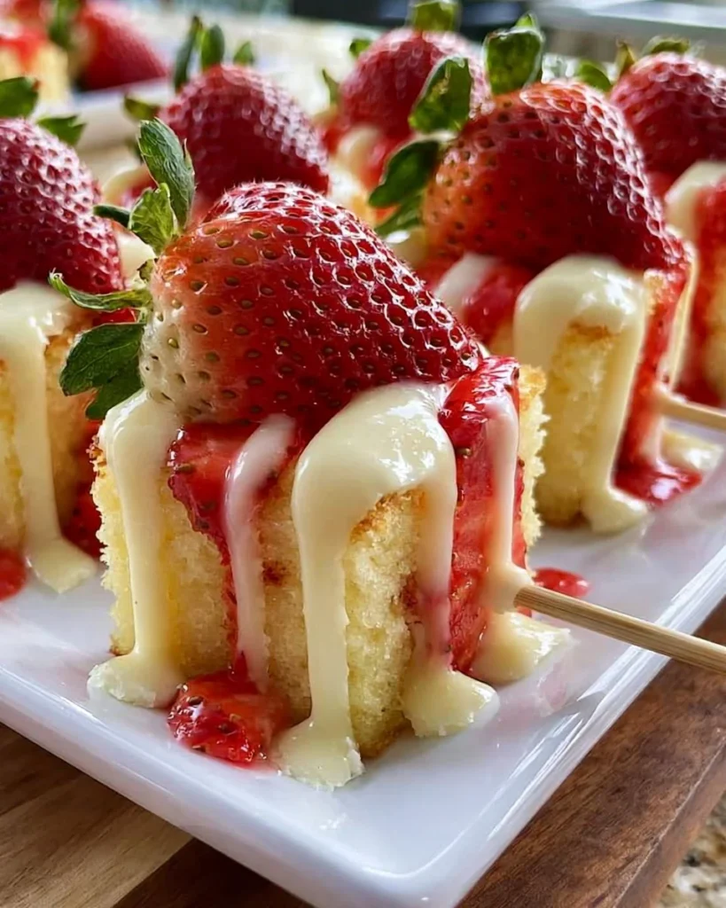 Delicious Vanilla Strawberry Shortcake Skewers served on a wooden platter.