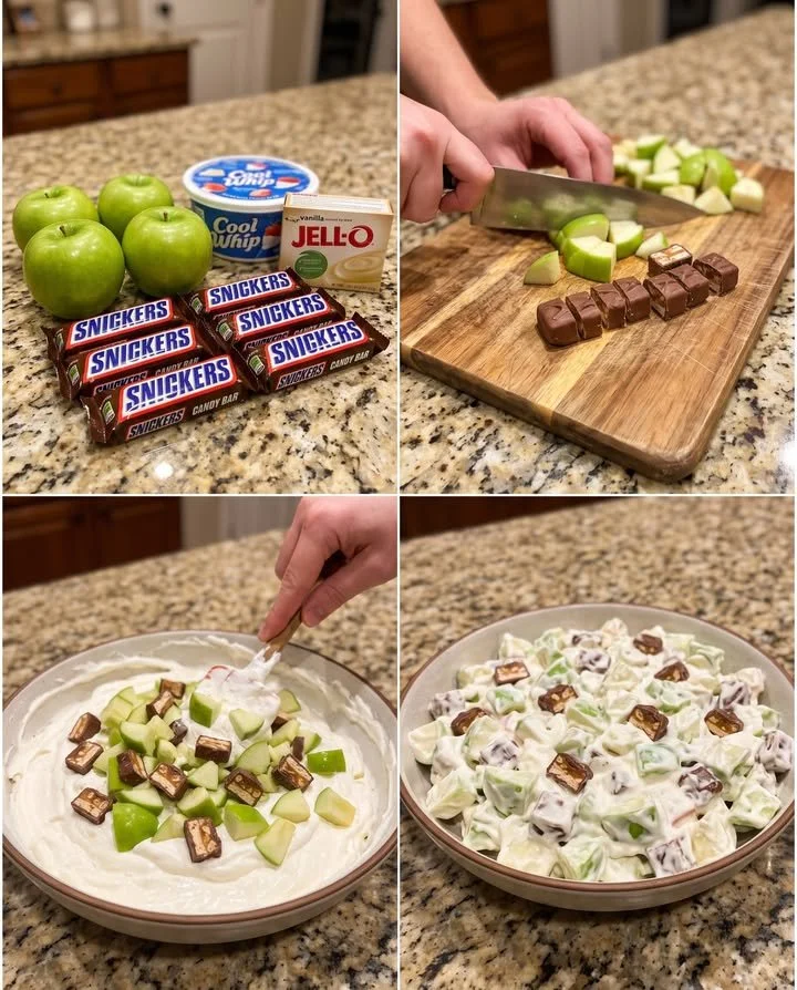 Viral Snickers Apple Salad with apples, Snickers, and whipped topping in a bowl.