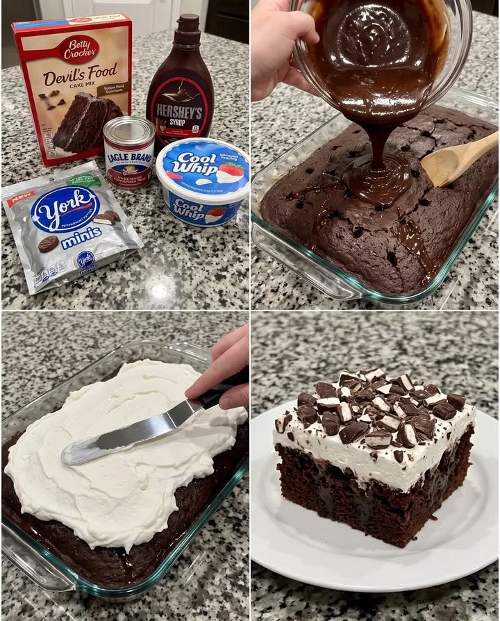 York Peppermint Pattie Poke Cake topped with chocolate and mint frosting