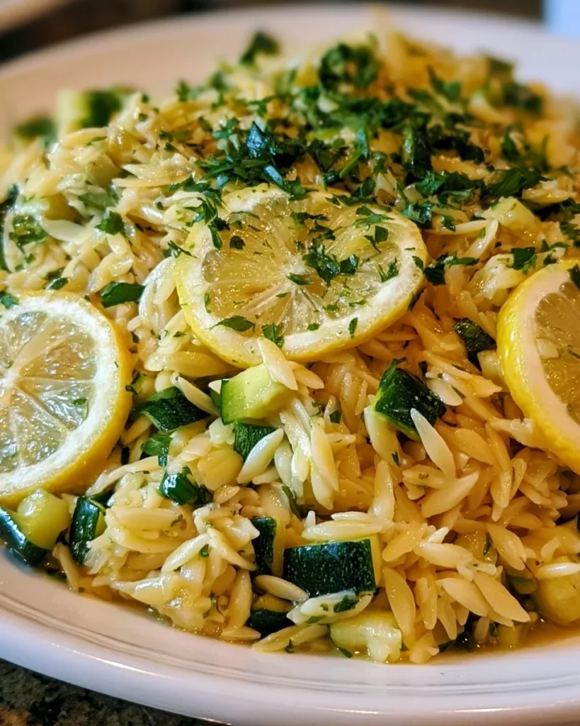 Delicious Zucchini and Lemon Orzo dish featuring fresh zucchini and vibrant lemon zest.