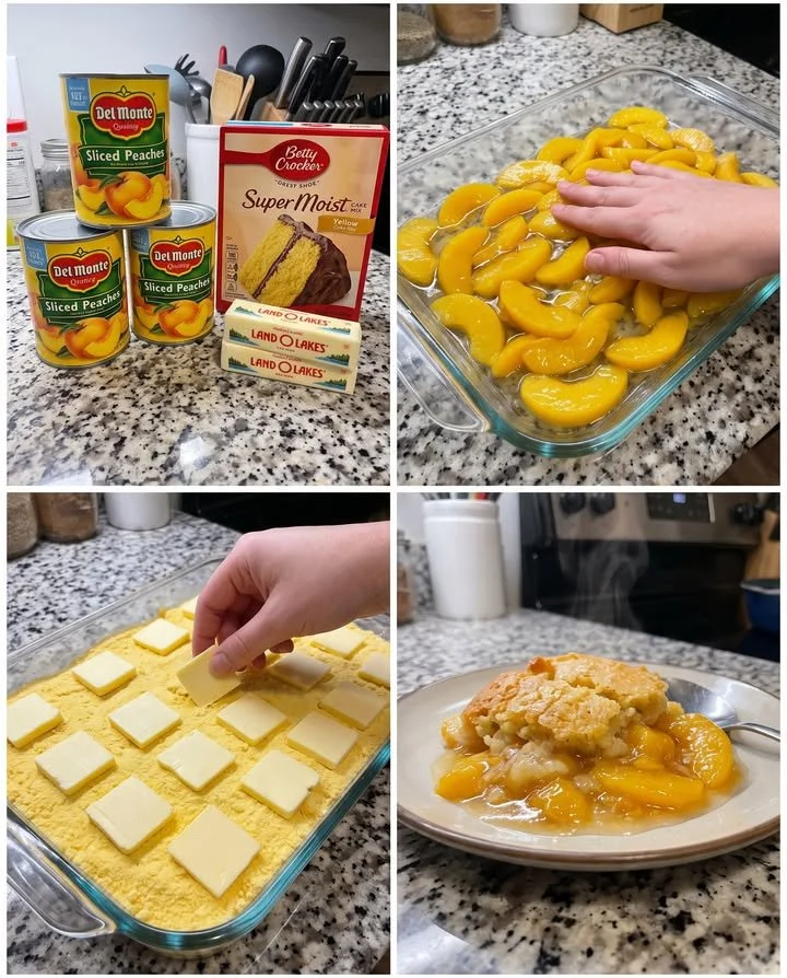 Delicious 3-ingredient peach dump cake on a serving plate