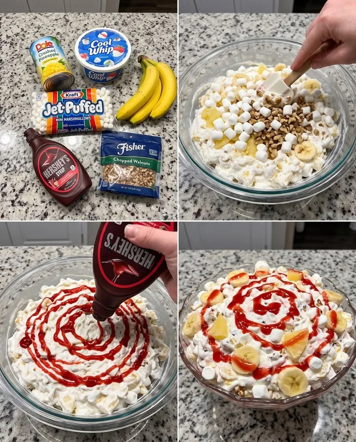 Delicious Banana Split Dessert Fluff topped with whipped cream and cherries