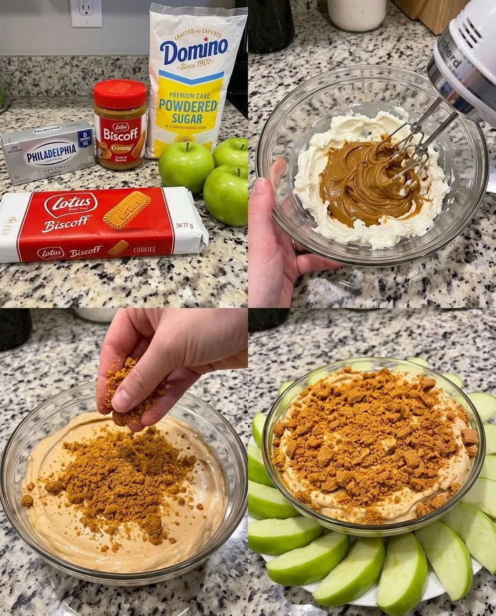 Biscoff cookie butter apple dip served in a bowl with fresh apple slices