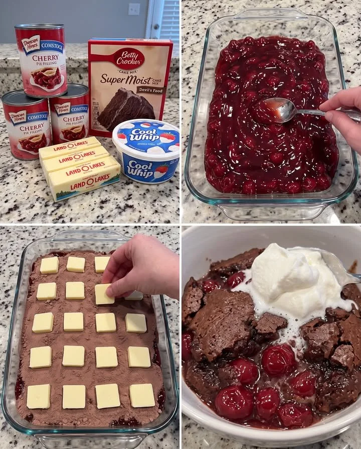 Delicious slice of Black Forest Dump Cake with cherries and whipped cream