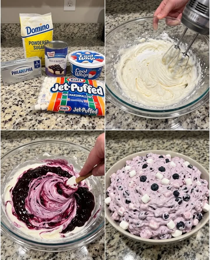 Blueberry Cheesecake Fluff Salad in a bowl with fresh blueberries