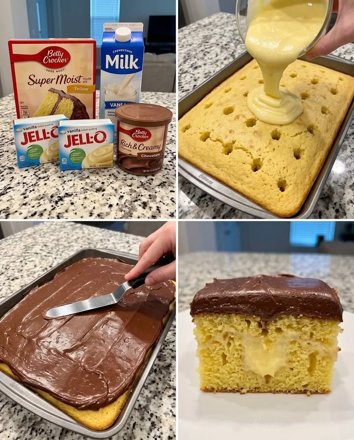 Delicious Boston Cream Poke Cake topped with chocolate icing and cream filling