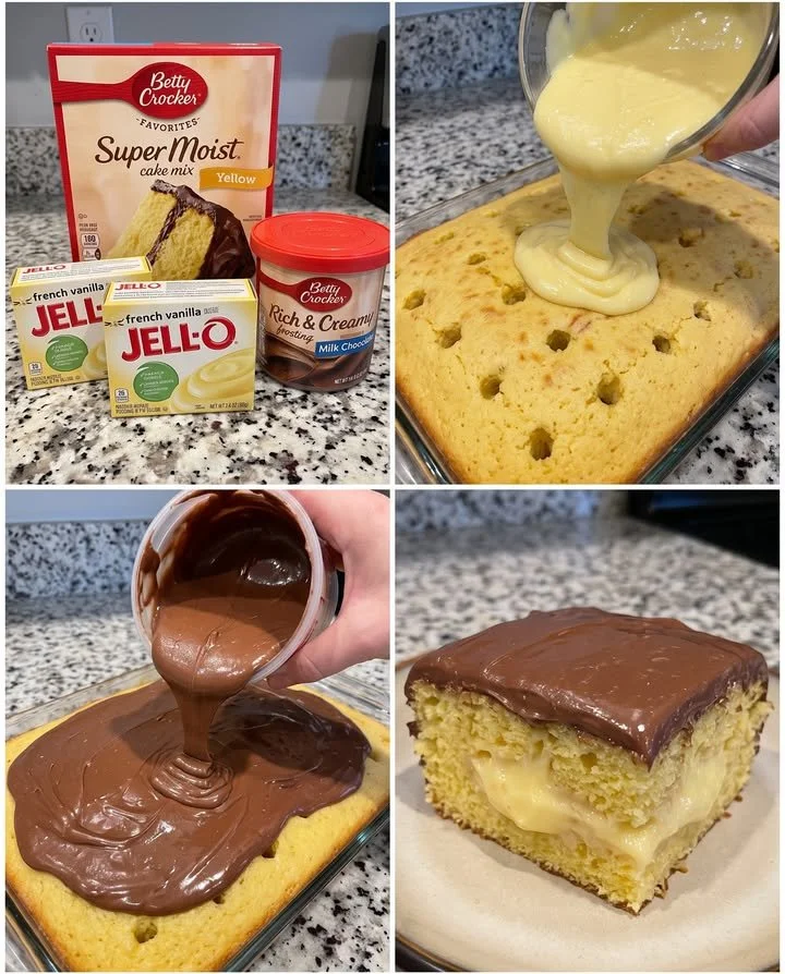 Delicious Boston Cream Poke Cake topped with chocolate and cream filling