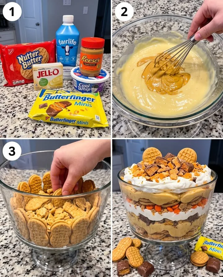 Butterfinger Peanut Butter Pudding Trifle layered dessert with chocolate and peanut butter