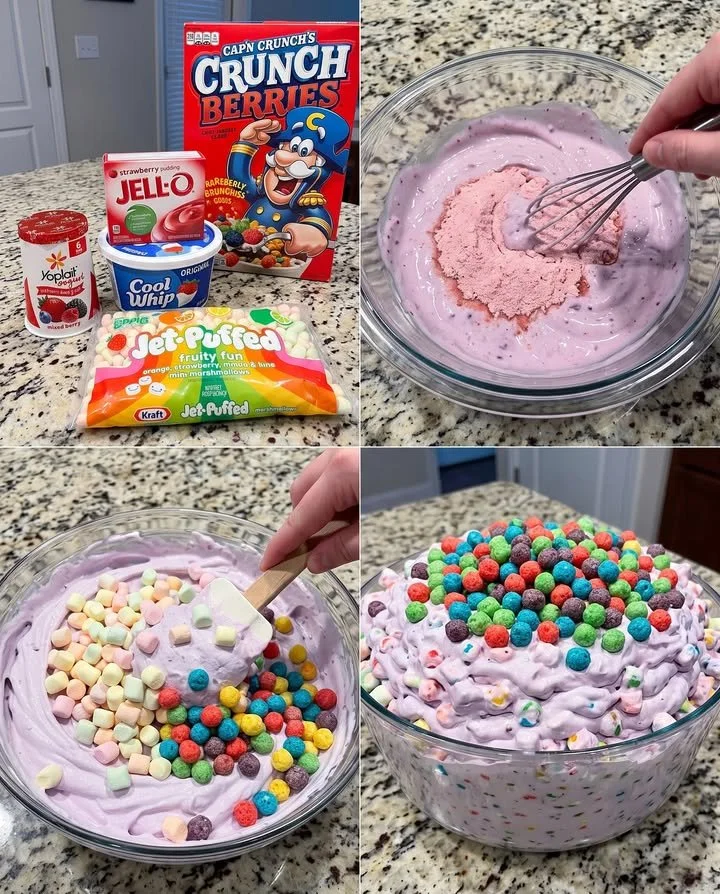 Delicious Cap'n Crunch's Crunch Berries Fluff dessert topped with colorful berries.