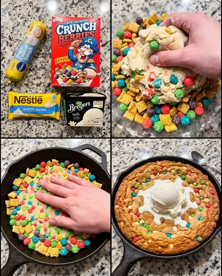 Delicious Crunch Berries Skillet Cookie topped with Cap'n Crunch cereal.