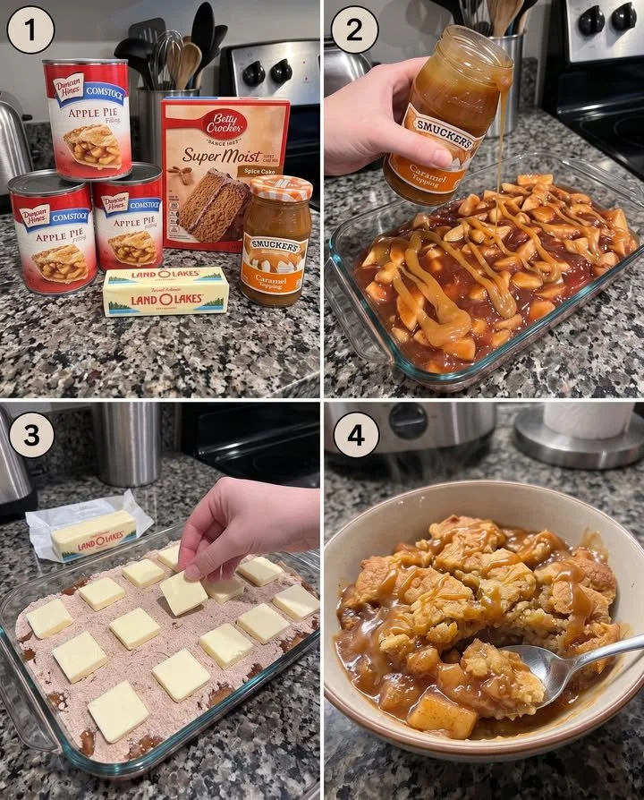 Delicious caramel apple dump cake with caramel drizzle and apple pieces