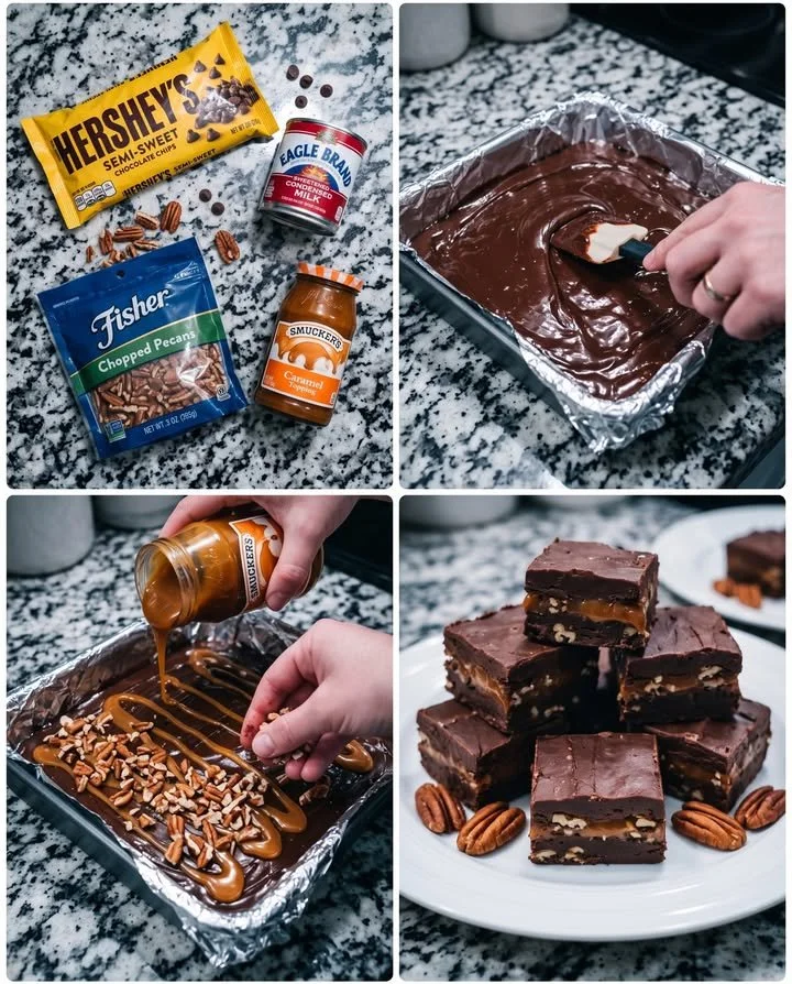 Decadent caramel pecan fudge with a turtle twist, a delightful dessert treat.