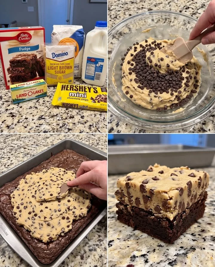 Chocolate chip cookie dough brownies with a gooey center and cookie dough topping.