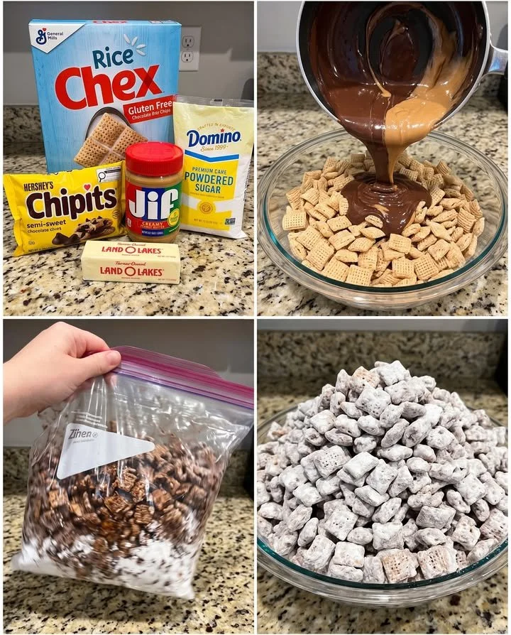 Bowl of chocolate peanut butter puppy chow snack