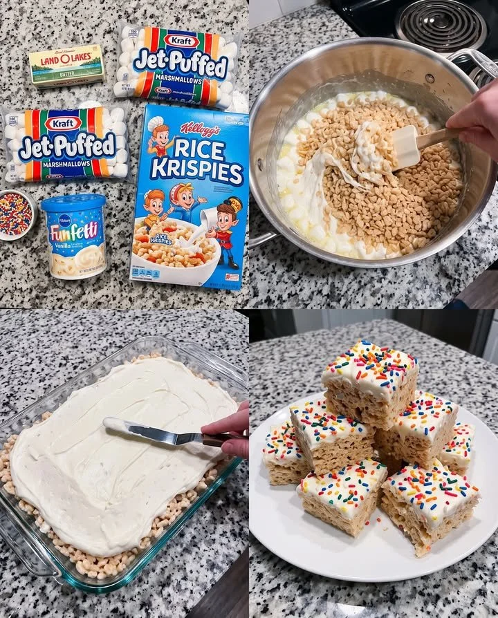 Dunkaroo Rice Krispie Treats decorated with colorful sprinkles and frosting