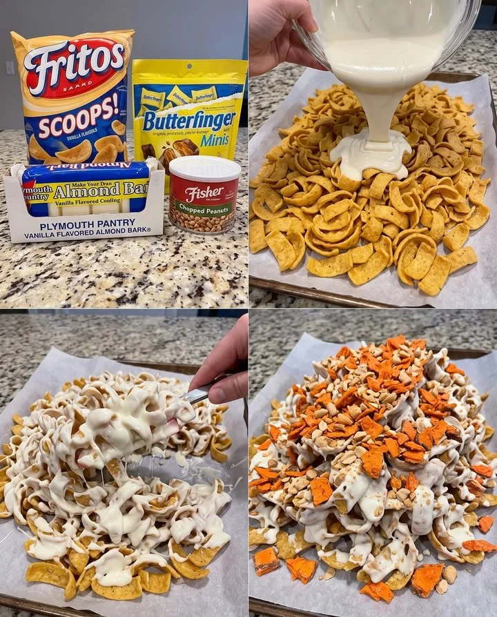 Fritos and Butterfinger sweet and salty trash snack mix in a bowl