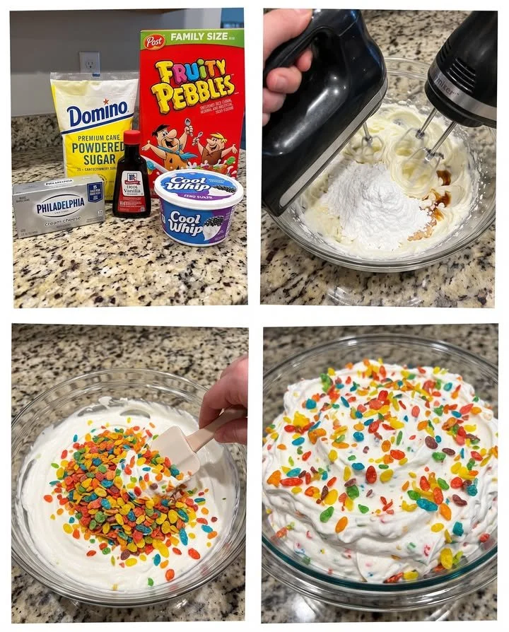 Colorful Fruity Pebbles Cheesecake Fluff dessert in a bowl