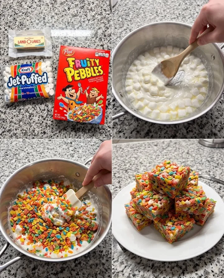 Colorful Fruity Pebbles treats ready to enjoy as a fun snack or dessert.