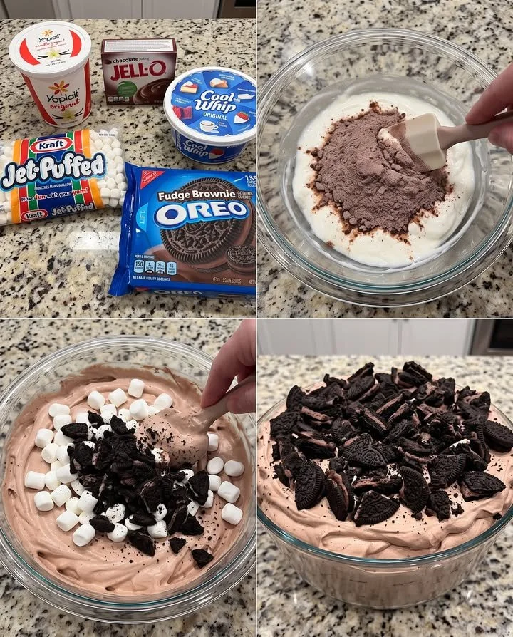 Delicious Fudge Brownie Oreo Fluff dessert with Oreo cookies and brownie pieces