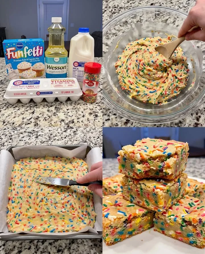 Batch of Funfetti Cake Batter Blondies with colorful sprinkles on top.