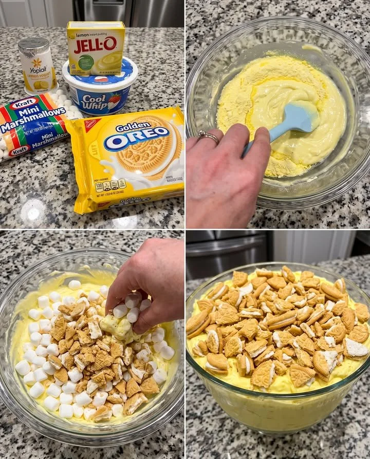 Golden Oreo lemon meringue fluff dessert in a glass.