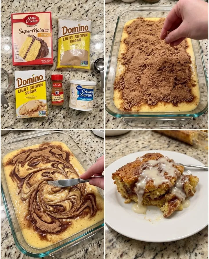 Delicious honey bun dump cake topped with icing and whipped cream