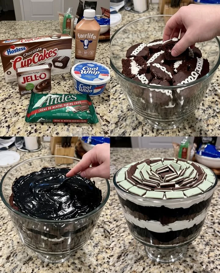 Delicious Hostess CupCake Mint Chocolate Trifle dessert served in a glass dish