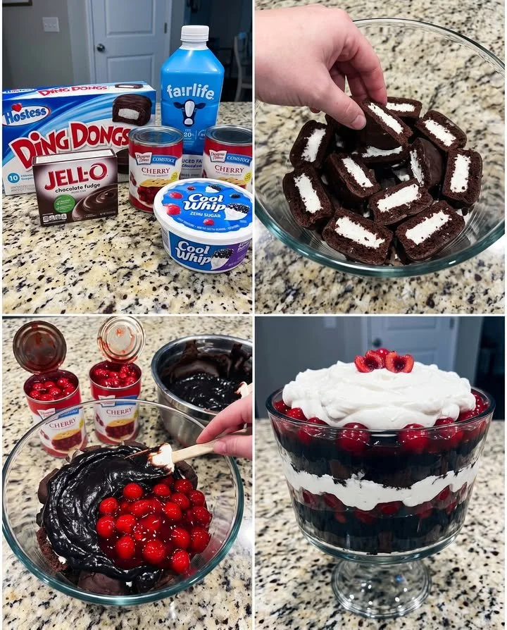 Delicious Ding Dong Black Forest Trifle served in a glass bowl