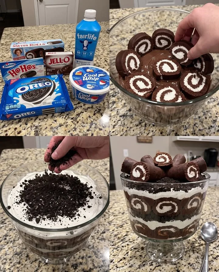 Hostess Swiss Rolls Dirt Trifle dessert with layers of chocolate and cream