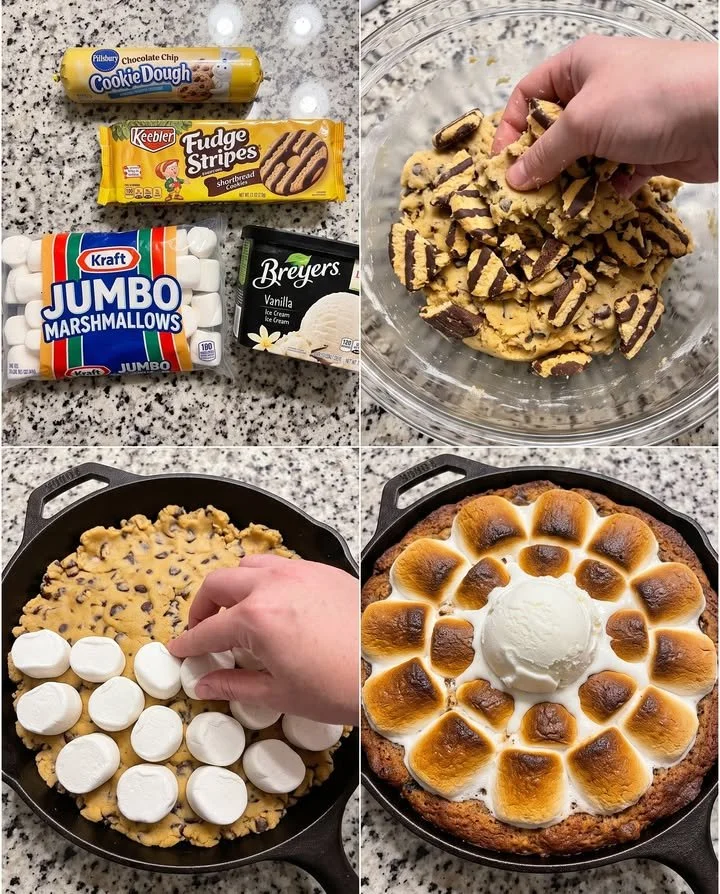 Delicious S'mores Skillet Cookie with Keebler Fudge Stripes on a rustic table.