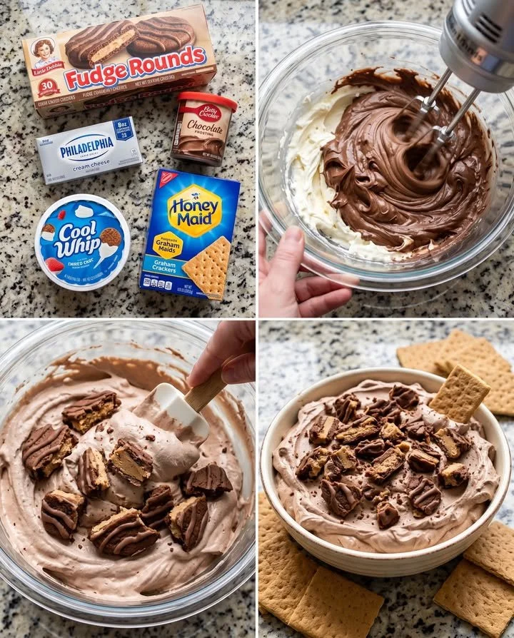 Creamy Fudge Rounds Cheesecake Dip served with chocolate and graham crackers