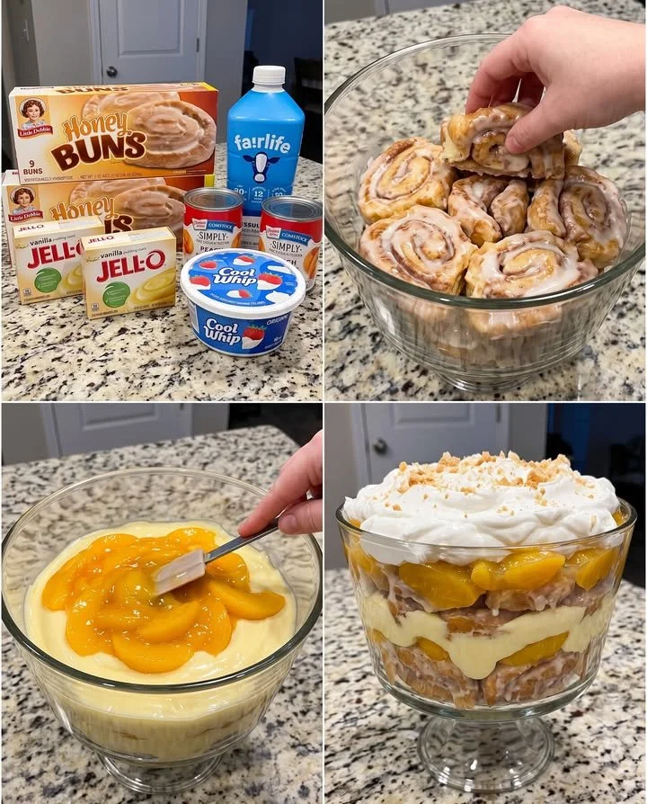 Delicious Honey Bun Peach Trifle made with Little Debbie snacks and fresh peaches