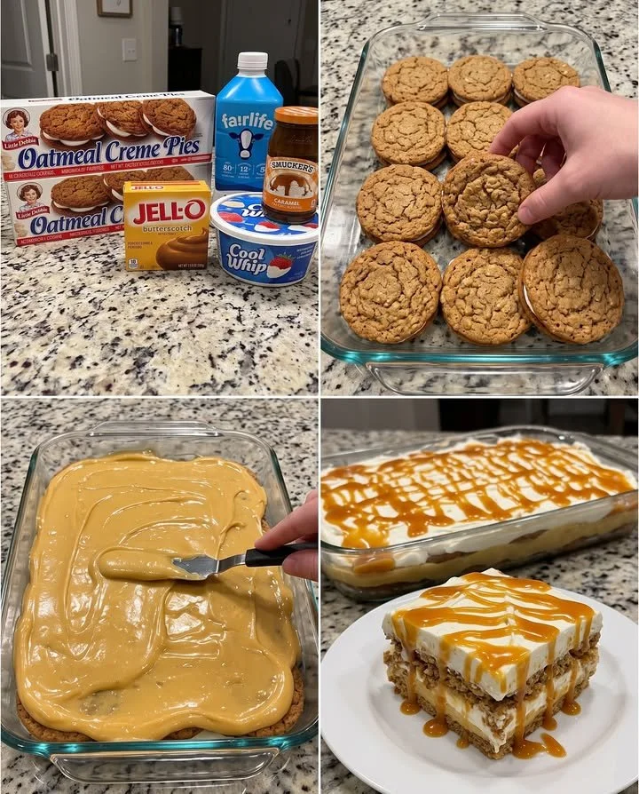Delicious Oatmeal Creme Pie Icebox Cake made with Little Debbie snacks.