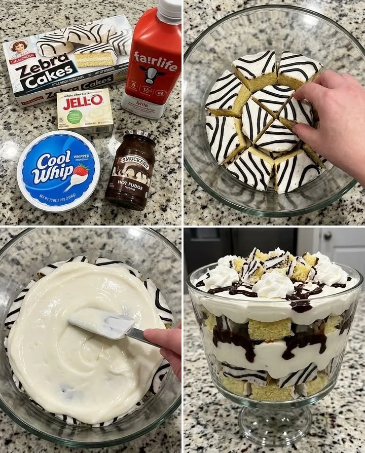 Delicious Zebra Cake Trifle featuring layers of whipped cream and cake